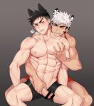  2boys abs animal_ears bar_censor bara black_hair black_male_underwear blackkdogg blush boxers breath cat_boy cat_ears censored ear_piercing erection grabbing handjob male_focus multiple_boys muscular muscular_male navel nipples original pectoral_grab pectorals penis penis_grab piercing red_eyes short_hair sweatdrop thighs tiger_boy tiger_ears underwear veins veiny_penis white_eyes white_hair yaoi 