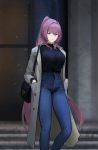  1girl absurdres bag blue_legwear blue_sweater blurry blurry_background breasts building closed_mouth commentary denim dokshuri fate/grand_order fate_(series) feet_out_of_frame grey_jacket hair_between_eyes hair_intakes hands_in_pockets highres jacket jeans large_breasts long_hair long_jacket long_sleeves looking_at_viewer open_clothes open_jacket outdoors pants ponytail purple_hair red_eyes scathach_(fate)_(all) scathach_(fate/grand_order) shirt_tucked_in shoulder_bag solo stairs sweater thighs turtleneck turtleneck_sweater very_long_hair 