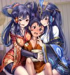  1boy 2girls :d :o :p age_difference bike_shorts black_hair blue_eyes blue_hair blush breast_press breasts cleavage floral_print goddess hair_ornament half-closed_eyes hand_on_another&#039;s_stomach highres japanese_clothes kimono licking_lips long_sleeves looking_at_viewer medium_breasts monikano multiple_girls nervous off_shoulder open_mouth ponytail purple_eyes purple_hair sakuna-hime sandwiched smile sweatdrop tensui_no_sakuna-hime tied_hair tongue tongue_out wide_sleeves 