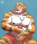  anthro beverage boxer_briefs boxers_(clothing) cemagcre clothing facial_hair felid foreskin genitals hi_res male mammal pantherine penis solo tiger uncut underwear 