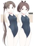  2girls :d anchor_symbol ayanami_(kantai_collection) bare_arms bare_legs bare_shoulders black_swimsuit brown_eyes brown_hair character_name clothes_writing collarbone eyebrows_visible_through_hair green_eyes groin kantai_collection long_hair multiple_girls one-piece_swimsuit open_mouth ponytail shigino_sohuzi shikinami_(kantai_collection) short_hair side_ponytail smile swimsuit 