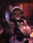  anthro areola arm_markings big_breasts black_hair black_markings blurred_background braided_hair breasts brown_body brown_fur chest_tuft clothing domestic_cat ear_tuft facial_markings felid feline felis female fluffy fluffy_tail fur gloves_(marking) green_eyes hair half-length_portrait head_markings looking_at_viewer maid_apron maid_headdress maid_uniform mammal markings neck_tuft nipples nude personalami pink_areola pink_nipples portrait pupils slit_pupils solo standing striped_tail stripes tuft uniform whiskers white_body white_fur 