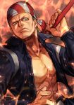  1boy abs bandana belt billy_kane blonde_hair fatal_fury fire frown hungry_clicker jacket muscular muscular_male pants scowl snk solo staff the_king_of_fighters traditional_media weapon 