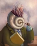  2017 ambiguous_gender animal_humanoid book cephalopod cephalopod_shell clothing desk fish fredgray furniture holding_book holding_object humanoid marine mollusk mollusk_humanoid mollusk_shell nautilus necktie not_furry pipe shell signature simple_background smoking_pipe solo suit surreal tentacles 