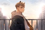  1boy animal_ears bara blue_jacket character_request dog_boy dog_ears fang fence forked_eyebrows from_side haozz hood hoodie jacket light_brown_hair male_focus original short_hair smile solo sunlight thick_eyebrows upper_body white_hoodie 