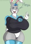  anthro big_breasts breasts clothed clothing digital_media_(artwork) female fur hair hi_res highlights_(coloring) klr-rio lagomorph legwear leporid looking_at_viewer mammal panties peace_signs peta_rabbit rabbit shirt simple_background solo stockings text topwear underwear 