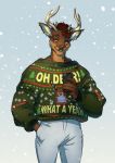  anthro antlers bottomwear cervid christmas christmas_clothing clothed clothing covid-19_pandemic face_mask hi_res holidays horn lukiri male mammal pants phone reilukah solo 
