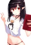  1girl arknights black_choker black_hair black_panties blurry blurry_foreground blush breasts bubble_tea bubble_tea_challenge cellphone choker closure_(arknights) collarbone crop_top depth_of_field drinking drinking_straw eyebrows_visible_through_hair groin hair_between_eyes hand_up highres holding large_breasts long_hair navel no_pants object_on_breast one_side_up panties phone pointy_ears red_eyes self_shot shirt short_sleeves sidelocks simple_background smartphone solo stomach string_panties stuffed_toy underwear upper_body v white_background white_shirt zhiyou_ruozhe 