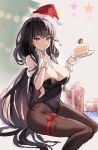  1girl absurdres azuma_(azur_lane) azur_lane bangs bare_shoulders black_hair black_leotard blush bobblehat bow box breasts brown_legwear cake cake_slice christmas_tree cleavage covered_navel detached_collar eyebrows_visible_through_hair feet_out_of_frame finger_to_mouth food fruit fur-trimmed_headwear gift gift_box hair_ornament hairclip hat highleg highleg_leotard highres holding holding_plate hyoin large_breasts leotard looking_at_viewer pantyhose plate playboy_bunny red_bow santa_hat sitting strapless strapless_leotard strawberry thigh_bow wrist_cuffs yellow_eyes 