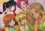  1980s_(style) 5girls black_hair blonde_hair bloom_(winx_club) collarbone dark_skin dark_skinned_female derivative_work earrings finger_to_mouth flora_(winx_club) green_eyes hair_behind_ear hairband hanavbara hand_on_another&#039;s_shoulder hand_on_own_cheek hand_on_own_face jewelry long_hair multicolored_hair multiple_girls musa_(winx_club) one_eye_closed open_mouth puckered_lips purple_hairband retro_artstyle screencap_redraw stella_(winx_club) streaked_hair tecna_(winx_club) tongue tongue_out twintails v winx_club yellow_eyes 