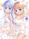  2girls :d :o amedamacon angora_rabbit animal arm_up armpits bangs bare_arms bare_shoulders blue_eyes blue_hair blush braid breasts brown_hair bunny collarbone commentary_request dress eyebrows_visible_through_hair floral_background gochuumon_wa_usagi_desu_ka? hair_between_eyes hands_together hoto_cocoa kafuu_chino long_hair looking_at_viewer multiple_girls open_mouth parted_lips petals purple_eyes sitting sleeveless sleeveless_dress small_breasts smile tippy_(gochiusa) very_long_hair white_background white_dress yokozuwari 