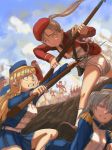  6+girls absurdres bayonet beret blonde_hair blood brown_hair clenched_teeth commentary death epaulettes garrison_cap green_eyes hat highres kageng long_hair military multiple_girls one_eye_closed original pleated_skirt ponytail short_shorts shorts silver_hair skirt smoke soldier stab teeth trench war 