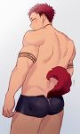  1boy animal_ears ass back bara black_hair black_male_underwear blush boxer_briefs bulge cowboy_shot dog_boy dog_ears dog_tail from_behind gradient gradient_background haozz male_focus multicolored_hair original red_hair reo_(haozz) short_hair solo tail tail_wagging thick_thighs thighs two-tone_hair underwear underwear_only zipper 