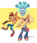  2020 activision animate_inanimate anthro belt blonde_hair bottomwear clothing coco_bandicoot crash_bandicoot crash_bandicoot_(series) eyewear female fingerless_gloves footwear fur gloves glowing glowing_eyes goggles goggles_on_head green_eyes group hair handwear hi_res holding_object male mammal marsupial mask nitroneato open_mouth open_smile pants red_hair signature smile teeth tongue tongue_out video_games 