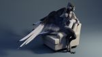  16:9 3d_(artwork) anthro arm_tuft avian beak black_body black_feathers blender_(software) blue_eyes chair chest_tuft claws digital_media_(artwork) digitigrade elbow_tufts feathered_wings feathers furniture gradient_background grey_body grey_feathers hi_res looking_at_viewer male nude pinup pose ruaidri scales simple_background sitting solo tail_feathers tuft white_body white_feathers widescreen wings 