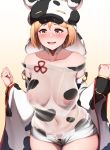  1girl animal_ears animal_print bangs blonde_hair blush breasts brown_eyes cosplay covered_nipples cow_hat cow_print dantes_ward detached_collar detached_sleeves djeeta_(granblue_fantasy) ear_piercing granblue_fantasy hat highres inverted_nipples large_breasts looking_at_viewer nipples open_mouth piercing shatola_(granblue_fantasy) shatola_(granblue_fantasy)_(cosplay) sheer_clothes short_hair smile swept_bangs wide_sleeves 