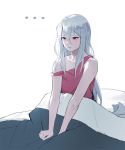  ... 1girl alternate_costume arknights bangs bare_shoulders blanket breasts collarbone commentary dongho_kang hair_between_eyes long_hair on_bed pale_skin pink_tank_top red_eyes silver_hair simple_background sitting skadi_(arknights) solo tank_top white_background 