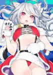  1girl :o ahoge animal_ears azur_lane bell black_choker braid breasts capelet choker christmas crop_top dog_ears dog_girl dog_tail fang fur_capelet fur_trim gloves large_breasts long_hair looking_at_viewer lying midriff miniskirt navel on_back ootani_nonno open_mouth panties pantyshot paw_gloves paws red_eyes red_panties silver_hair skirt solo stomach suspenders tail underwear waist_cape white_skirt yuudachi_(azur_lane) 