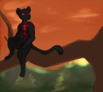  absurd_res anthro felid giautum hi_res male mammal melanistic pantherine plant red_eyes solo sunset tree unseenpanther 