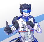  1boy absurdres autobot backpack bag bishounen black_gloves black_hair blue_eyes blue_neckwear collared_shirt gloves grey_shirt highres jazz_(transformers) kyarara_renan looking_at_viewer personification shirt smile solo symbol_commentary transformers visor wheel 