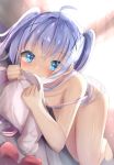  1girl ahoge bangs bare_arms bare_legs bare_shoulders barefoot blue_eyes blue_hair blurry blurry_background blush bow camisole commentary_request covered_mouth depth_of_field eyebrows_visible_through_hair gochuumon_wa_usagi_desu_ka? hair_between_eyes hair_ornament highres indoors kafuu_chino long_hair looking_at_viewer lying na!?_(naxtuyasai) on_side panties pink_vest red_bow shirt solo strap_slip sunlight two_side_up underwear underwear_only vest white_camisole white_panties white_shirt x_hair_ornament 