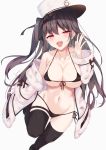  1girl :d azur_lane bangs bare_shoulders bikini black_bikini black_footwear black_hair black_legwear black_ribbon blush breasts cleavage coat collarbone commentary_request cowboy_shot eyebrows_visible_through_hair fang front-tie_bikini front-tie_top fur-trimmed_coat fur_trim groin hair_between_eyes hair_ribbon half-closed_eyes hand_up hat highres large_breasts long_hair long_sleeves looking_at_viewer lows. micro_bikini midriff navel off-shoulder_coat one_side_up open_mouth padded_coat pamiat_merkuria_(azur_lane) purple_eyes ribbon shoes side-tie_bikini sidelocks signature simple_background skindentation smile solo standing standing_on_one_leg swimsuit thigh_strap thighhighs underboob white_background white_coat white_headwear 