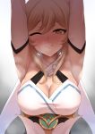  1girl armpits arms_up bangs bare_shoulders blonde_hair blush breasts cape cleavage closed_mouth dearonnus detached_sleeves dress genshin_impact highres large_breasts long_hair lumine_(genshin_impact) one_eye_closed smile steaming_body white_dress yellow_eyes 