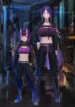  2girls absurdres bangs boots breasts choker fate/grand_order fate_(series) hand_on_hip highres hikimayu hood_(james_x) horns jacket large_breasts long_hair looking_at_viewer midriff minamoto_no_raikou_(fate/grand_order) multiple_girls navel oni_horns purple_eyes purple_hair short_hair shuten_douji_(fate/grand_order) small_breasts smile sports_bra 