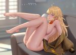  1girl ahoge artist_name azto_dio barefoot blonde_hair bottomless breasts brown_jacket censored full_body highres jacket large_breasts long_hair looking_away mosaic_censoring no_panties patreon_username purple_eyes pussy rwby sitting solo toes yang_xiao_long 