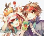  1boy 1girl :d blue_eyes brown_hair commentary_request double_bun drinking drinking_straw furrowed_eyebrows gen_5_pokemon long_hair namie-kun nate_(pokemon) on_head open_mouth pokemon pokemon_(creature) pokemon_(game) pokemon_bw2 pokemon_on_head rosa_(pokemon) simple_background smile tepig twintails upper_body white_background 