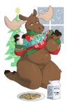  2020 anthro antlers areola artbyyellowdog blue_eyes bottomless breasts brown_body brown_fur capreoline cervid christmas christmas_clothing christmas_sweater christmas_topwear christmas_tree clothed clothing cookie dairy_products english_text exposed_breasts female fingers food fur genitals glass hi_res holding_object holidays hooved_fingers hooves horn kneeling looking_at_viewer mammal milk milk_carton moose nipple_outline nipples one_breast_out plant plate plump_labia pussy slightly_chubby smile snow snowing snowing_outside solo sweater text thick_thighs topwear tree undressing window 