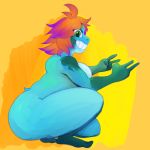  1:1 2020 amphibian anthro big_butt blue_body blue_skin breasts butt crouching dustin_(sfd) feet female frog green_eyes grin hair hi_res highlights_(coloring) nude orange_hair pose purple_highlights shadowfirdark side_boob smile solo thick_thighs 