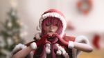  1girl absurdres blackreven christmas christmas_tree eyepatch gloves hat heart heart_hands highres hololive houshou_marine long_hair red_hair santa_costume santa_hat virtual_youtuber 