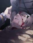  2boys bandage_over_one_eye black_background black_eyes black_hair bleeding blood blood_on_face brown_cloak cloak facial_hair goatee golden_kamuy hanazawa_yusaku hands_on_another&#039;s_head head_out_of_frame highres lap_pillow long_sleeves looking_at_another looking_up male_focus military military_uniform multiple_boys ogata_hyakunosuke one_eye_covered oziozi_kamuy scar scar_on_cheek scar_on_face short_hair simple_background uniform 