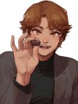 1boy brown_eyes brown_hair chocolate coat commentary english_commentary food halogenkn highres holding holding_chocolate holding_food long_sleeves male_focus original simple_background upper_body white_background 