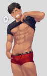  1boy abs bara bare_pecs beckoning black_hair black_shirt blush boxer_briefs bulge cowboy_shot dark_skin dark_skinned_male grey_eyes hand_under_clothes haozz kurokawa_keita_(haozz) lifted_by_self looking_at_viewer male_focus male_pubic_hair muscular muscular_male navel nipples original pectorals pov pubic_hair red_male_underwear shiny shiny_hair shirt shirt_lift short_hair solo speech_bubble stomach thick_thighs thighs translation_request 