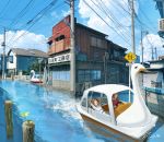 2girls boat brown_hair building city cloud commentary driving fence flood hachiya_shohei highres multiple_girls original outdoors poster_(object) power_lines road_sign scenery short_hair short_sleeves sign sitting swan_boat utility_pole vehicle watercraft 