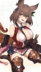  1girl animal_ears arm_under_breasts bare_shoulders blush boots breasts brown_gloves brown_hair erune eyebrows_visible_through_hair ganesagi gloves granblue_fantasy green_eyes hair_between_eyes hair_ornament highres la_coiffe_(granblue_fantasy) large_breasts leaf_hair_ornament looking_at_viewer open_mouth sideless_outfit sitting solo thigh_boots thighhighs v wariza white_background 