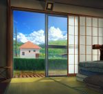  commentary cumulonimbus_cloud day futon hedge_(plant) karanagi no_humans original scenery sliding_doors tatami utility_pole 