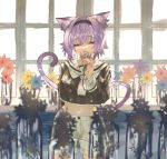  1girl absurdres animal_ears arm_behind_back blurry blush brown_flower brown_shirt cat_ears cat_tail covered_mouth cowboy_shot crop_top day depth_of_field dust_particles eyelashes flower hairband half-closed_eyes highres holding holding_flower hololive indoors jar navel neckerchief nekomata_okayu purple_eyes purple_hair rin31153336 sailor_collar shirt shorts smelling_flower solo symbolism tail vase white_shorts window 