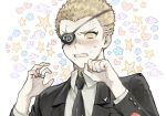  1boy black_eyepatch black_jacket blonde_hair blush clenched_teeth cloud_print collared_shirt commentary_request danganronpa_(series) danganronpa_2:_goodbye_despair formal freckles hands_up heart jacket jewelry kuzuryuu_fuyuhiko looking_at_viewer male_focus mole mole_under_mouth necktie pekupe_(p_krr) ring shirt short_hair solo star_(symbol) suit sweat teeth upper_body very_short_hair white_shirt wing_collar 