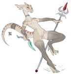  4_ears anthro areola better_version_at_source breasts choker claws clothing dagger dragon female fuck_me_eyes horn jewelry kobold legwear melee_weapon multi_ear necklace non-mammal_breasts nude polearm pose puffy_areola reptile reptilian_orbit scalie small_breasts solo spear stockings tan_body weapon 