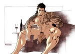 1boy abs bara bird black_hair bottle chest_hair collarbone completely_nude couch cup dizdoodz drinking_glass eagle facial_hair feet_out_of_frame final_fantasy final_fantasy_xv flaccid gladiolus_amicitia highres jewelry large_penis looking_at_viewer male_focus male_pubic_hair medium_hair muscular muscular_male naughty_face navel navel_hair necklace nipples nude pectorals penis pubic_hair scar scar_across_eye seductive_smile shoulder_tattoo sideburns sitting smile solo spread_legs stubble tattoo testicles thick_thighs thighs undercut veins veiny_penis 
