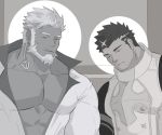  2boys abs aegir_(tokyo_houkago_summoners) anchor_earrings armor bara bare_pecs beard breastplate closed_eyes earrings facial_hair greyscale hydaus jewelry leaning_to_the_side male_focus monochrome multicolored_hair multiple_boys muscular muscular_male open_clothes open_shirt pectorals short_hair sideburns single_earring sleeping spiked_hair streaked_hair stubble tokyo_houkago_summoners upper_body zabaniya_(tokyo_houkago_summoners) 