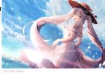  1girl absurdres artist_name bangs bare_arms bare_shoulders blue_eyes blue_sky blurry blurry_background blush breasts cloud cloudy_sky dress eyebrows_visible_through_hair fate/grand_order fate_(series) frills hat highres long_hair looking_at_viewer marie_antoinette_(fate/grand_order) medium_breasts necomi ocean open_mouth outdoors petals scan shiny shiny_hair silver_hair skirt_hold sky solo sparkle sunlight tied_hair twintails water water_drop white_dress 