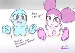  2020 absurd_res anthro blue_body blush breasts cartoon_network crossover dialogue domestic_cat duo english_text felid feline felis female gem_(species) hair hark hi_res humanoid looking_at_viewer mammal nervous nervous_smile nicole_watterson nipples nude open_mouth open_smile purple_hair smile spinel_(steven_universe) steven_universe stuck text the_amazing_world_of_gumball through_wall 