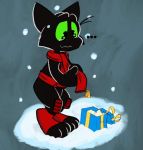  3_toes armor black_body black_eyes black_fur bodily_fluids cartoon_network christmas domestic_cat felid feline felis fingers fur gift green_sclera hi_res holidays looking_down male mammal mao_mao:_heroes_of_pure_heart scarf semi-anthro sheriff_mao_mao_mao snow snowing solo standing tears theinspiredsphynx toes toony 