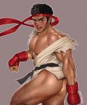  1boy anal_hair ass ass_focus bandaid bandaid_on_nose bara bare_pecs black_hair blush bottomless boxing_gloves chest_hair cowboy_shot facial_hair forked_eyebrows hairy highres leg_hair leg_up male_focus muscular muscular_male nipples otokobara pectorals ryu_(street_fighter) shirt short_hair sideburns sleeveless solo street_fighter street_fighter_ii_(series) stubble thick_thighs thighs torn_clothes torn_shirt 