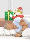  anthro canid canine canis christmas clothing costume domestic_dog duo gift gomeisa hi_res holidays humanoid live-a-hero male mammal procy rongjie_mini santa_costume short_stack sleeping 