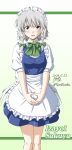  1girl apron blue_eyes blue_skirt blue_vest blush braid breasts character_name commentary_request dated eyebrows_visible_through_hair feet_out_of_frame gradient gradient_background green_background green_neckwear hair_between_eyes hair_ribbon highres interlocked_fingers izayoi_sakuya looking_at_viewer maid_headdress medium_breasts neck_ribbon open_mouth own_hands_together puffy_short_sleeves puffy_sleeves ribbon shino-puchihebi shirt short_hair short_sleeves signature silver_hair skirt solo standing touhou tress_ribbon twin_braids twitter_username v_arms vest waist_apron white_shirt 